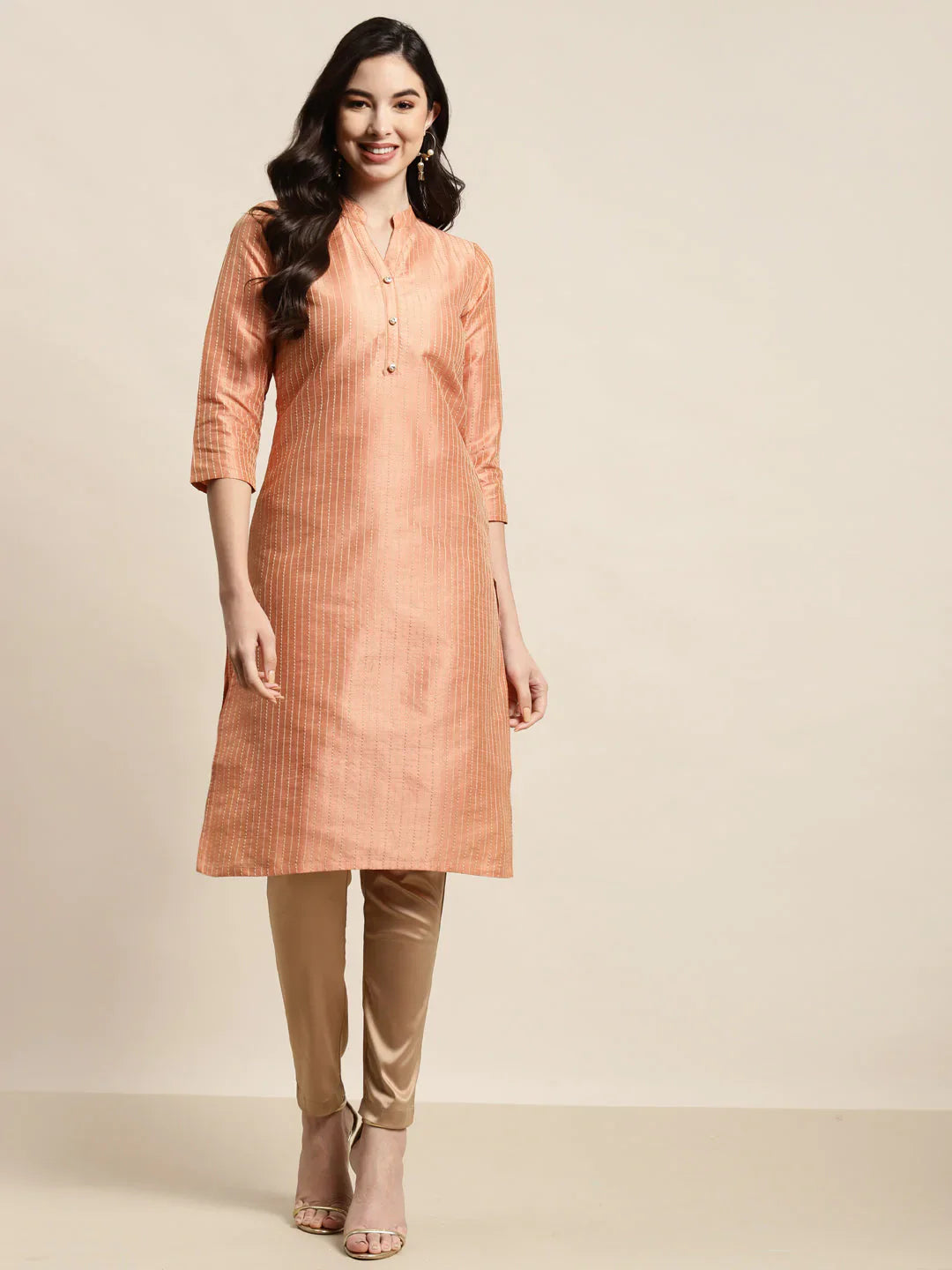 Jompers Women's Orange Striped Thread Work Kurta - Distacart