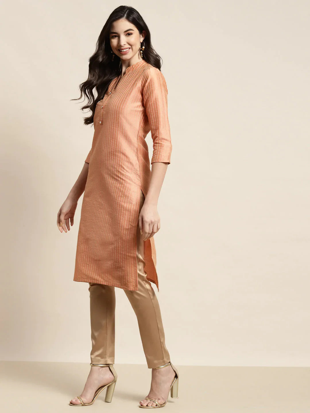 Jompers Women's Orange Striped Thread Work Kurta - Distacart