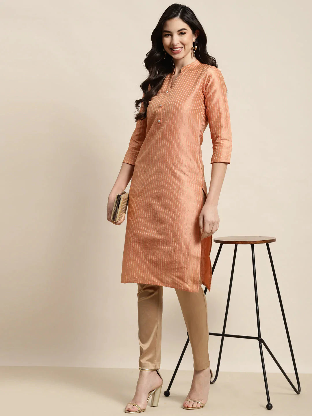 Jompers Women's Orange Striped Thread Work Kurta - Distacart