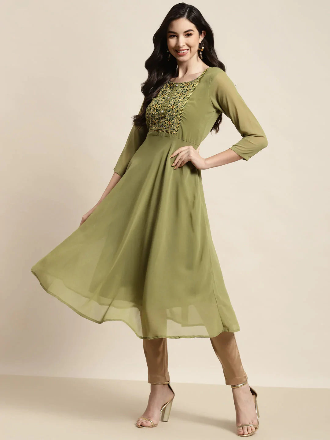Jompers Women's Yoke Design Georgette Anarkali Kurta - Green - Distacart