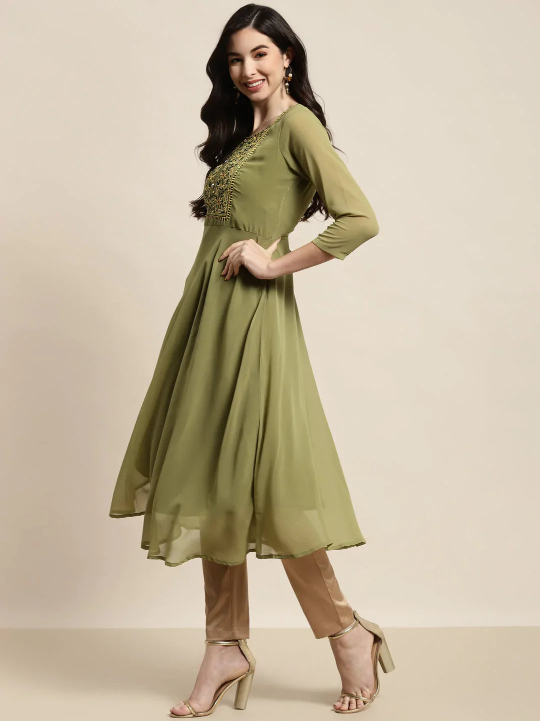 Jompers Women's Yoke Design Georgette Anarkali Kurta - Green - Distacart