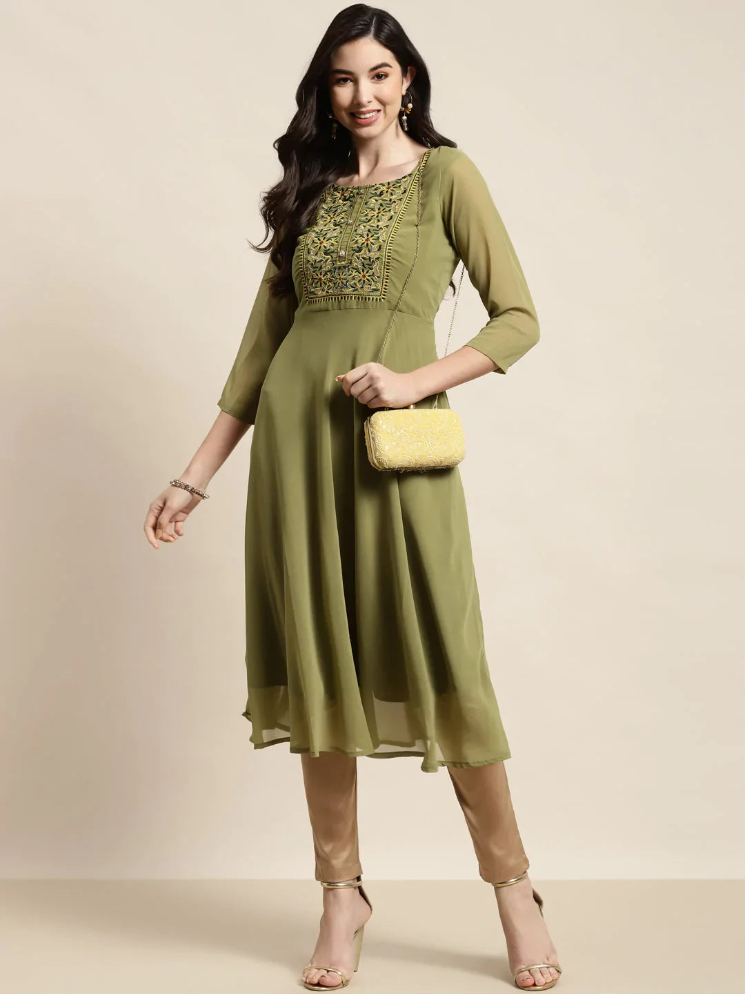 Jompers Women's Yoke Design Georgette Anarkali Kurta - Green - Distacart