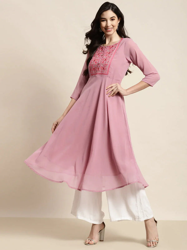 Jompers Women's Yoke Design Georgette Anarkali Kurta - Pink - Distacart