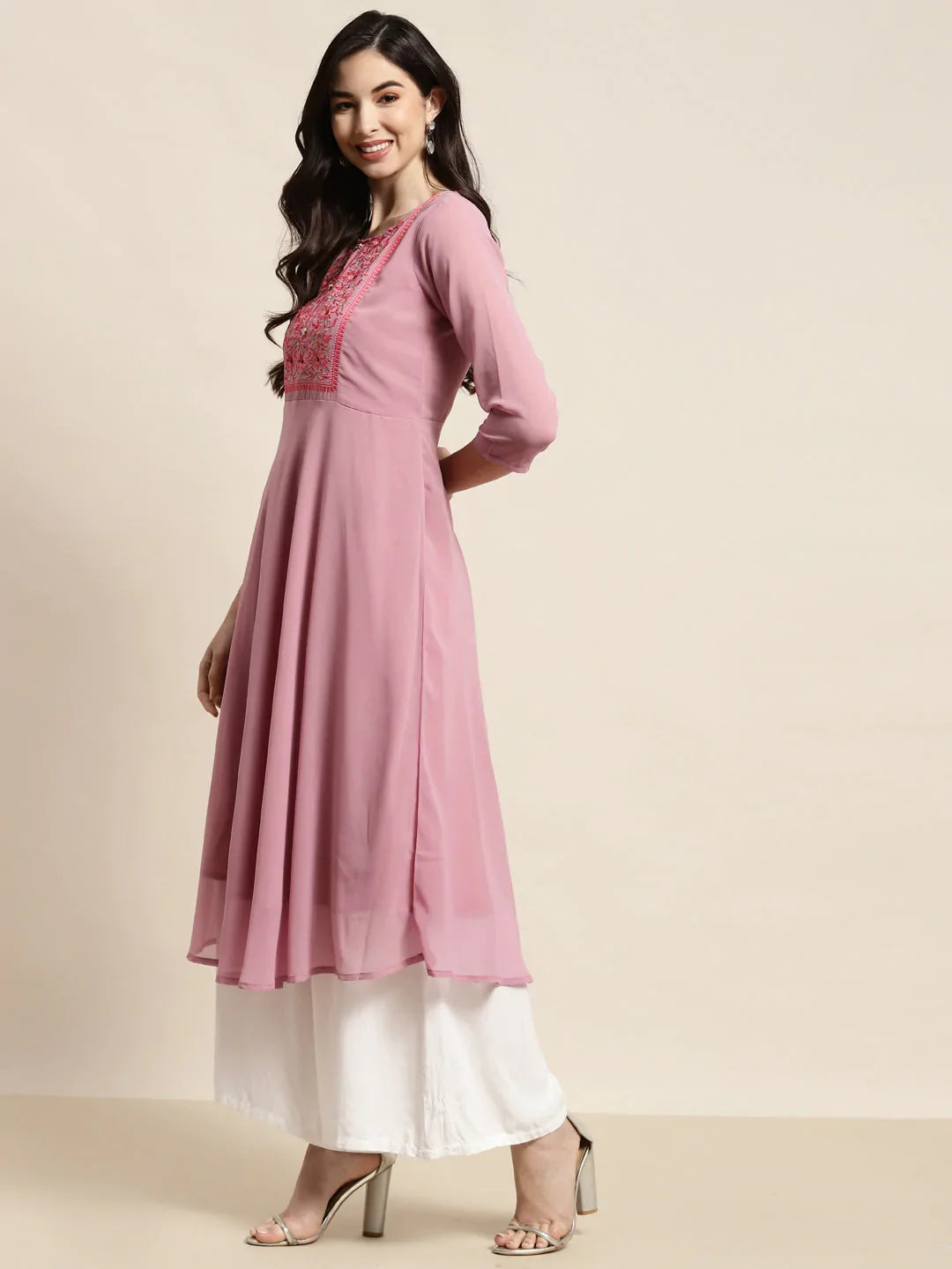 Jompers Women's Yoke Design Georgette Anarkali Kurta - Pink - Distacart