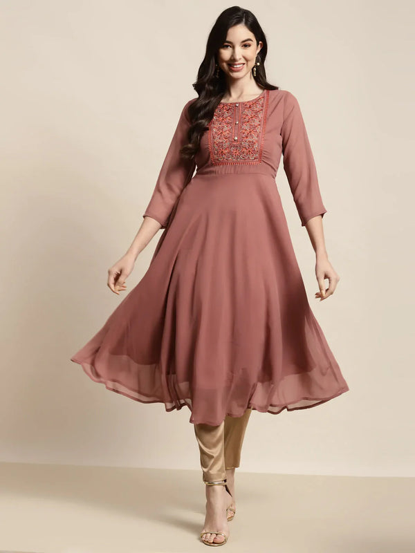 Jompers Women's Yoke Design Georgette Anarkali Kurta - Rust - Distacart