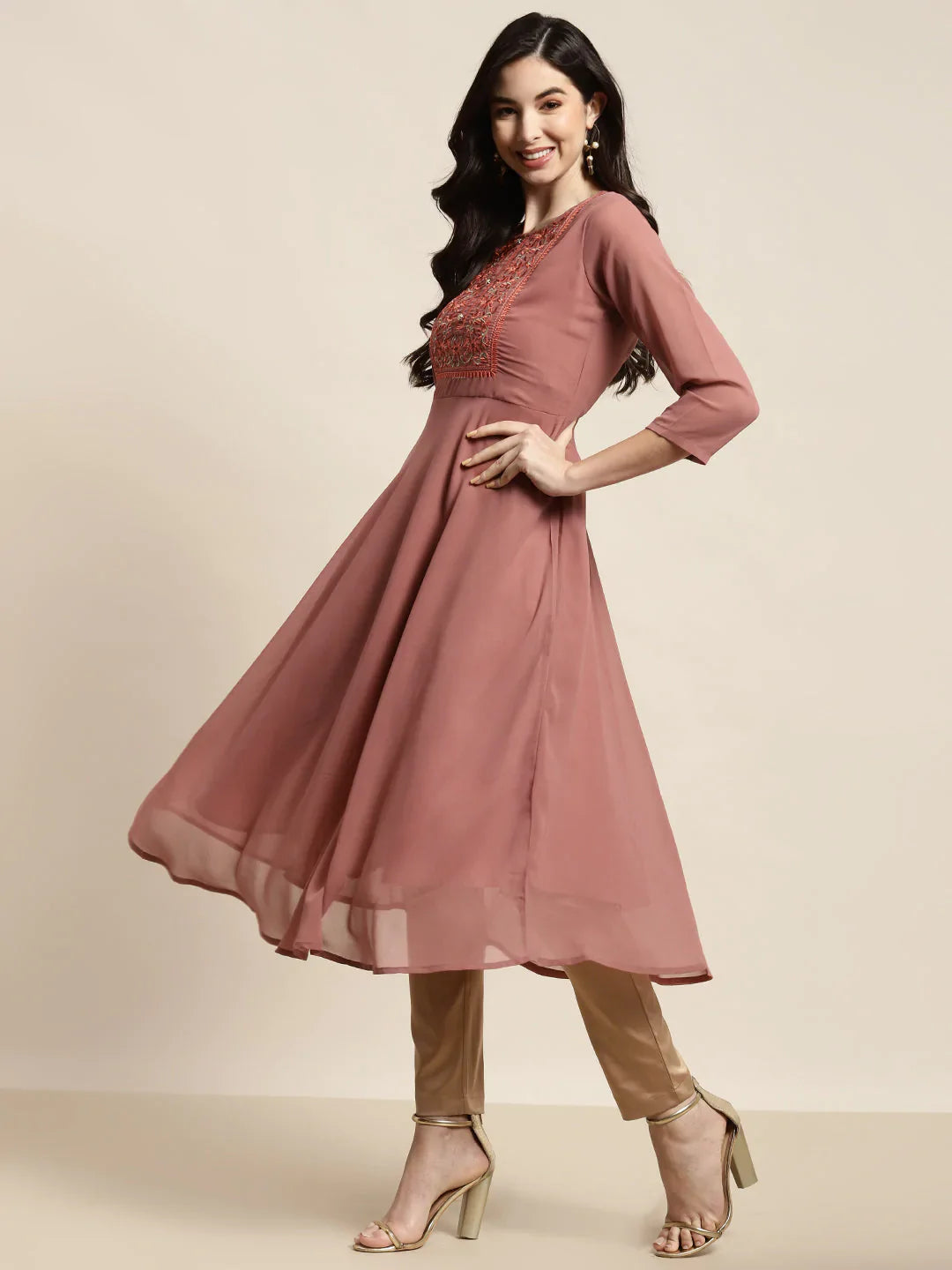 Jompers Women's Yoke Design Georgette Anarkali Kurta - Rust - Distacart