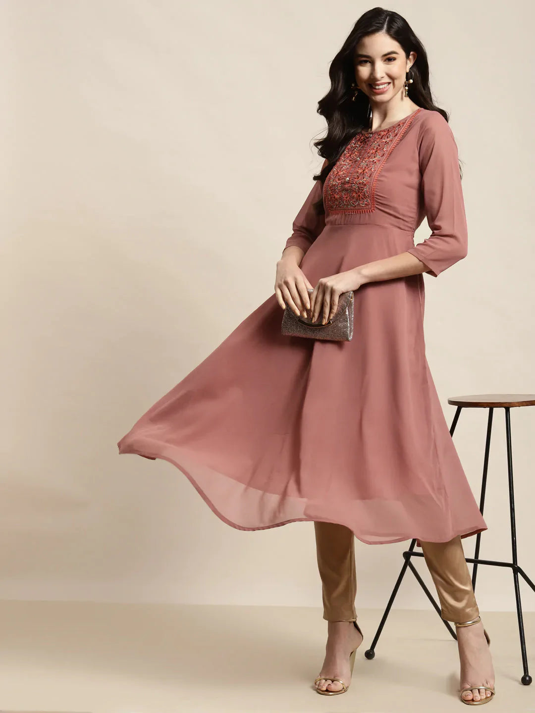 Jompers Women's Yoke Design Georgette Anarkali Kurta - Rust - Distacart