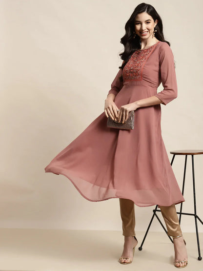 Jompers Women's Yoke Design Georgette Anarkali Kurta - Rust - Distacart
