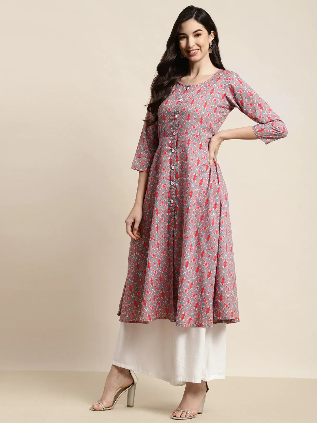 Jompers Women's Printed Anarkali Kurta - Grey - Distacart