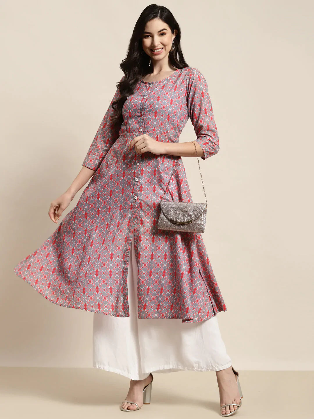 Jompers Women's Printed Anarkali Kurta - Grey - Distacart