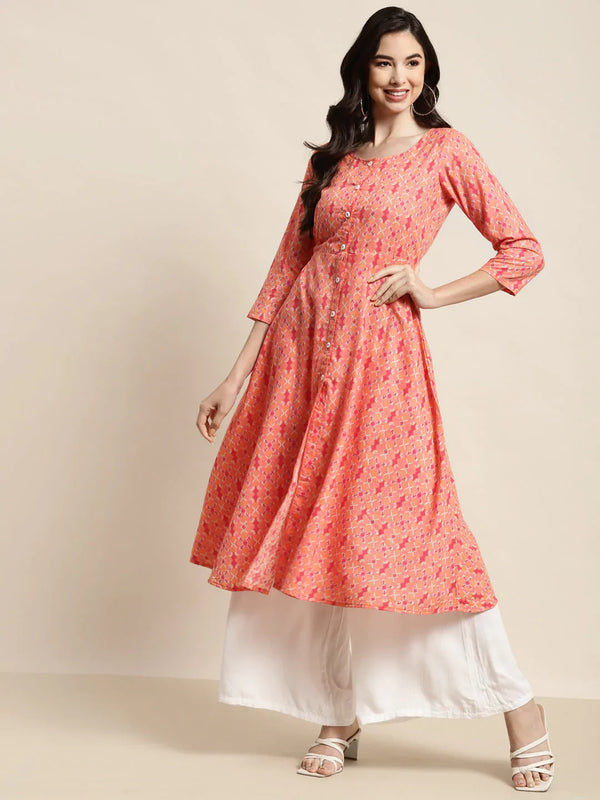 Jompers Women's Printed Anarkali Kurta - Orange - Distacart