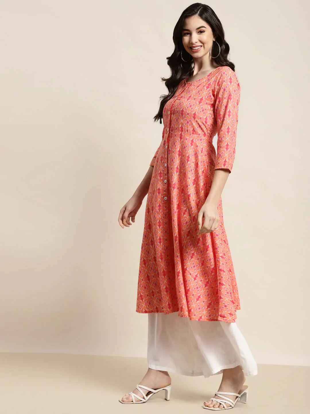Jompers Women's Printed Anarkali Kurta - Orange - Distacart