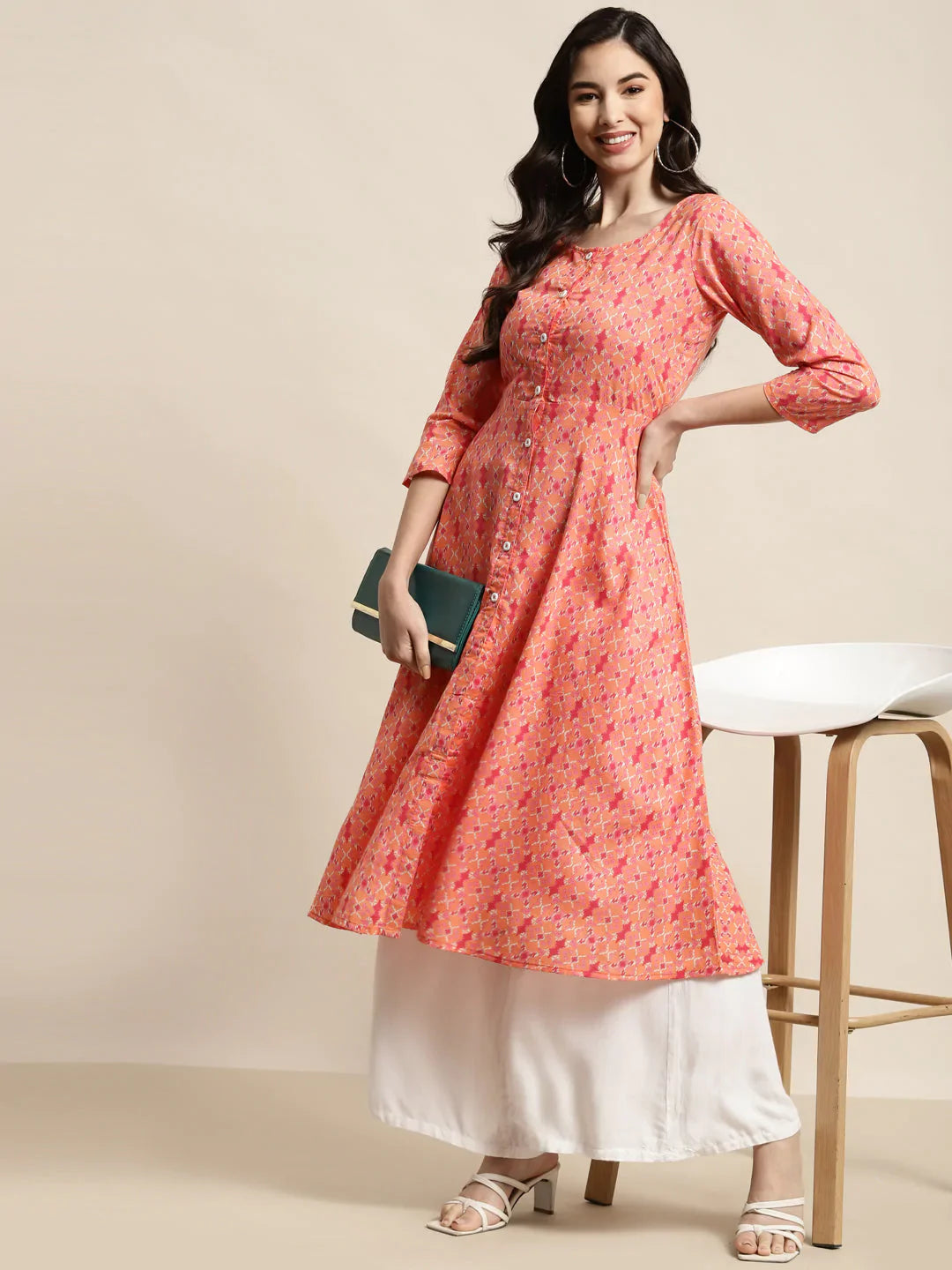 Jompers Women's Printed Anarkali Kurta - Orange - Distacart