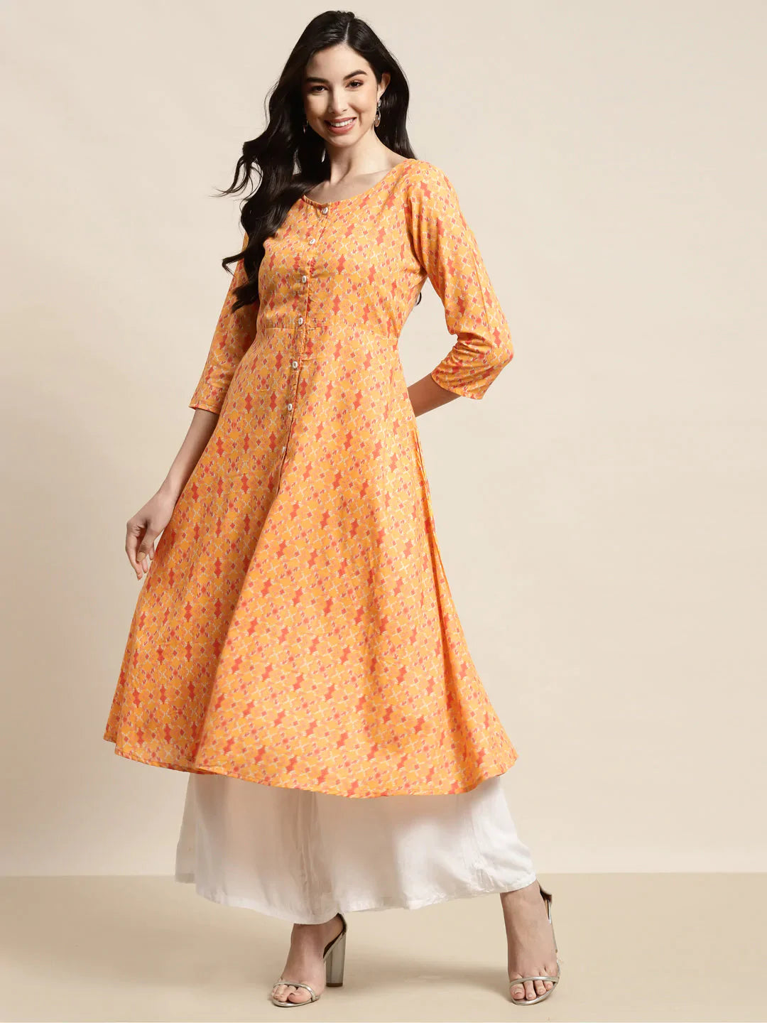 Jompers Women's Printed Anarkali Kurta - Yellow - Distacart