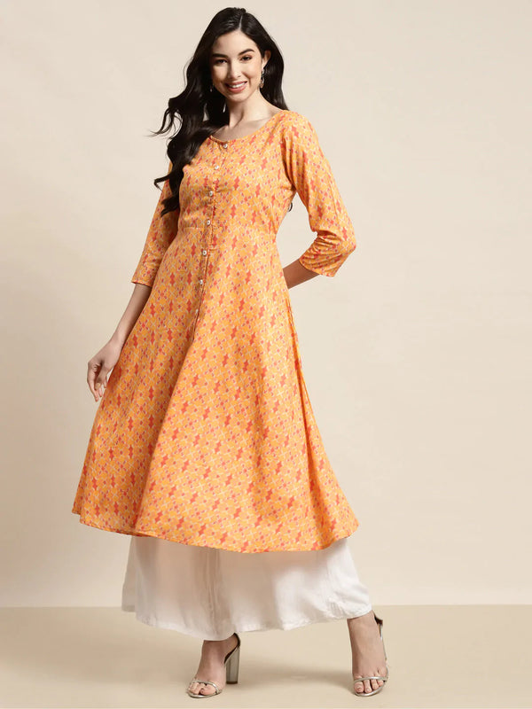 Jompers Women's Printed Anarkali Kurta - Yellow - Distacart