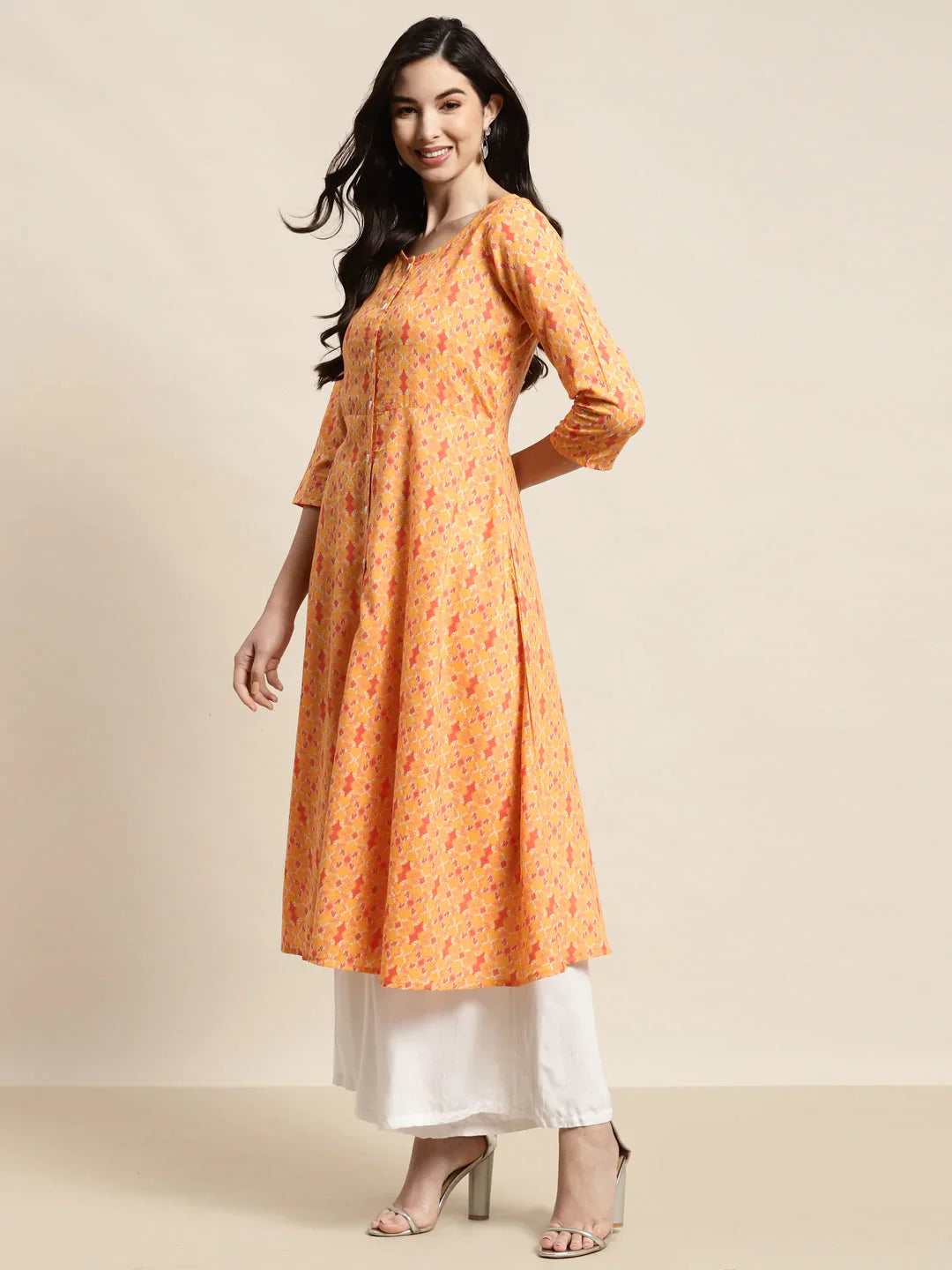Jompers Women's Printed Anarkali Kurta - Yellow - Distacart