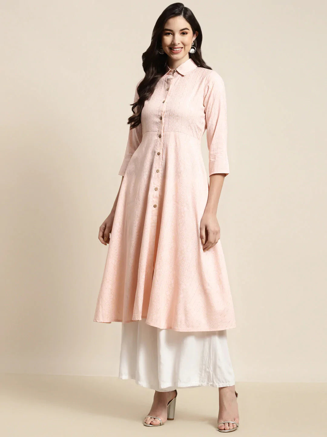 Jompers Women's Shirt Collar flared Kurta - Orange - Distacart