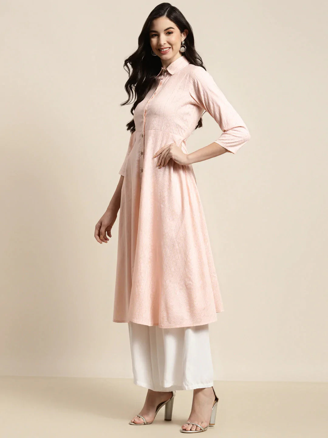 Jompers Women's Shirt Collar flared Kurta - Orange - Distacart