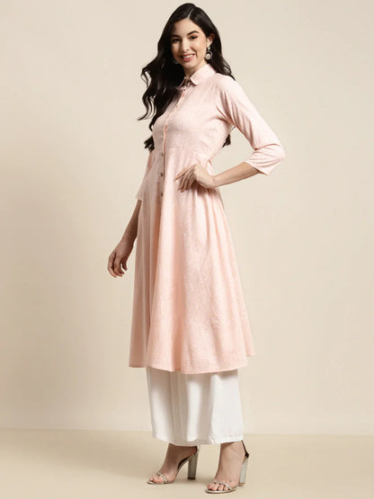 Jompers Women's Shirt Collar flared Kurta - Orange - Distacart