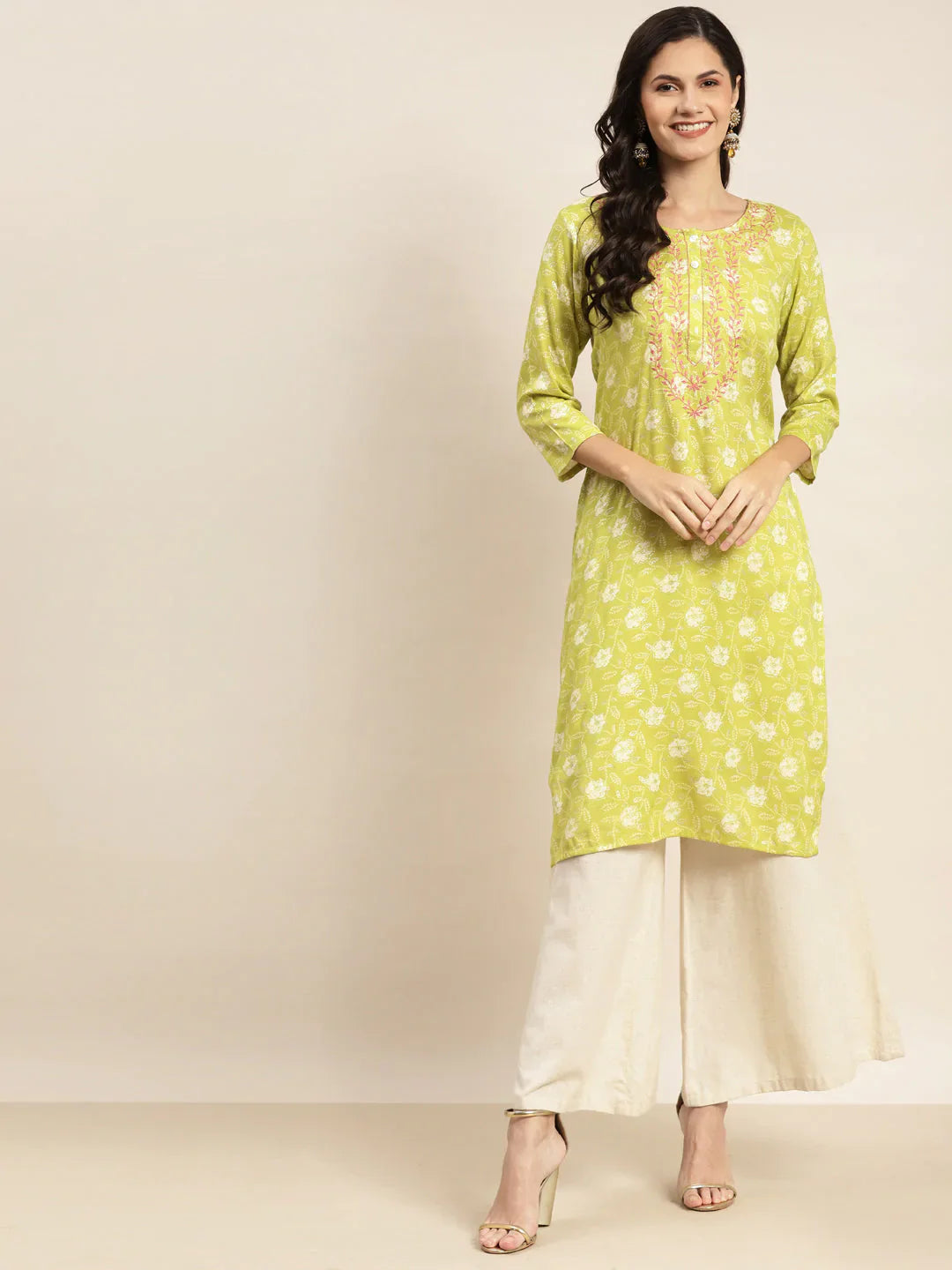 Jompers Women's Floral Printed Embroidered Detail Kurta - Green - Distacart