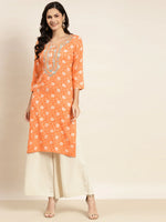 Thumbnail for Jompers Women's Floral Printed Embroidered Detail Kurta - Orange - Distacart