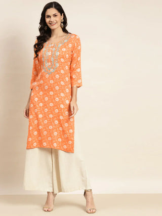 Jompers Women's Floral Printed Embroidered Detail Kurta - Orange - Distacart