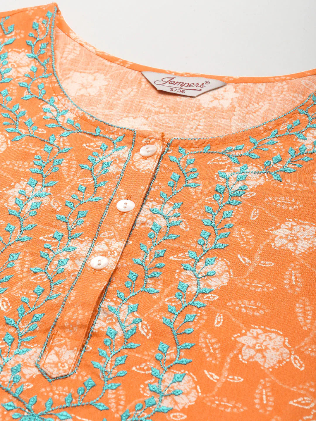 Jompers Women's Floral Printed Embroidered Detail Kurta - Orange - Distacart