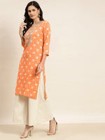 Thumbnail for Jompers Women's Floral Printed Embroidered Detail Kurta - Orange - Distacart