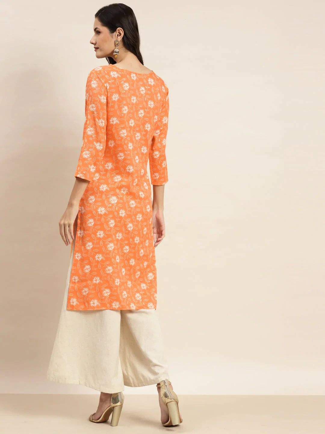 Jompers Women's Floral Printed Embroidered Detail Kurta - Orange - Distacart