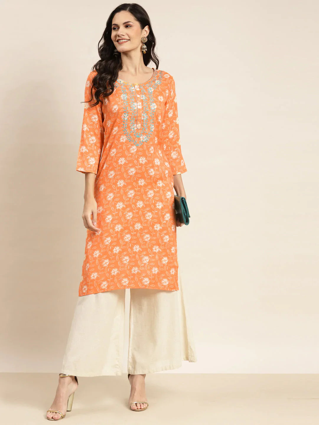 Jompers Women's Floral Printed Embroidered Detail Kurta - Orange - Distacart