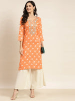 Thumbnail for Jompers Women's Floral Printed Embroidered Detail Kurta - Orange - Distacart