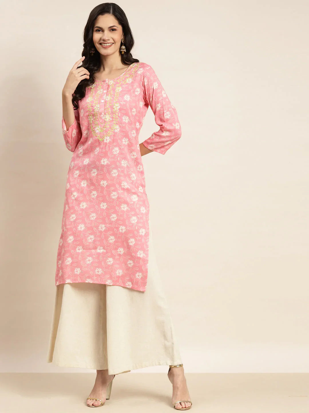 Jompers Women's Floral Printed Embroidered Detail Kurta - Pink - Distacart