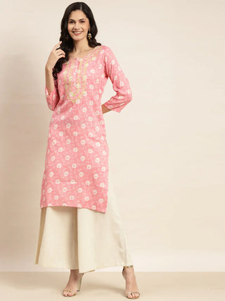Jompers Women's Floral Printed Embroidered Detail Kurta - Pink - Distacart
