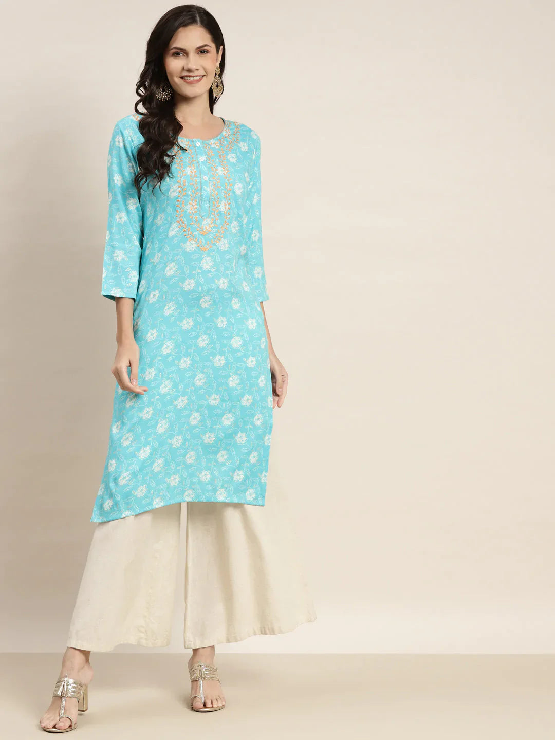 Jompers Women's Floral Printed Embroidered Detail Kurta - Sky Blue - Distacart