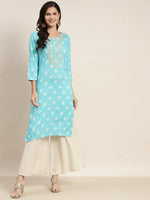 Thumbnail for Jompers Women's Floral Printed Embroidered Detail Kurta - Sky Blue - Distacart