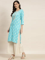 Thumbnail for Jompers Women's Floral Printed Embroidered Detail Kurta - Sky Blue - Distacart