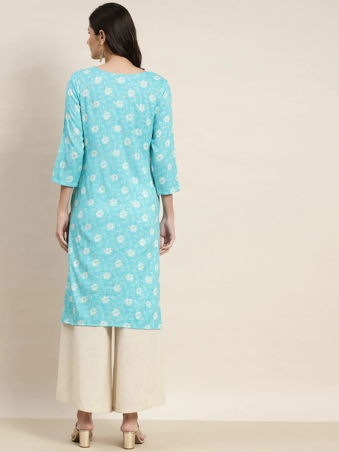 Jompers Women's Floral Printed Embroidered Detail Kurta - Sky Blue - Distacart