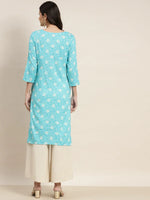 Thumbnail for Jompers Women's Floral Printed Embroidered Detail Kurta - Sky Blue - Distacart