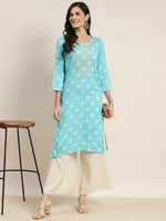 Thumbnail for Jompers Women's Floral Printed Embroidered Detail Kurta - Sky Blue - Distacart