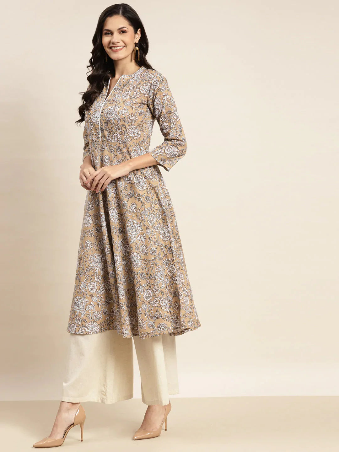 Jompers Women's Floral Printed Anarkali Cotton Kurta - Brown - Distacart