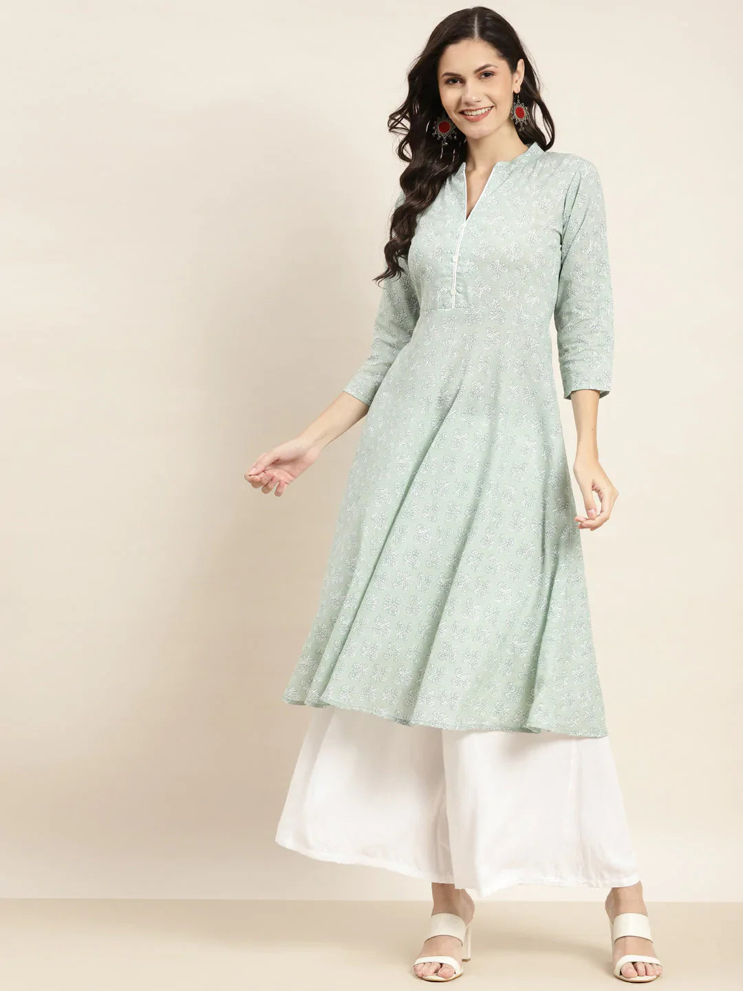Jompers Women's Floral Printed Anarkali Cotton Kurta - Green - Distacart