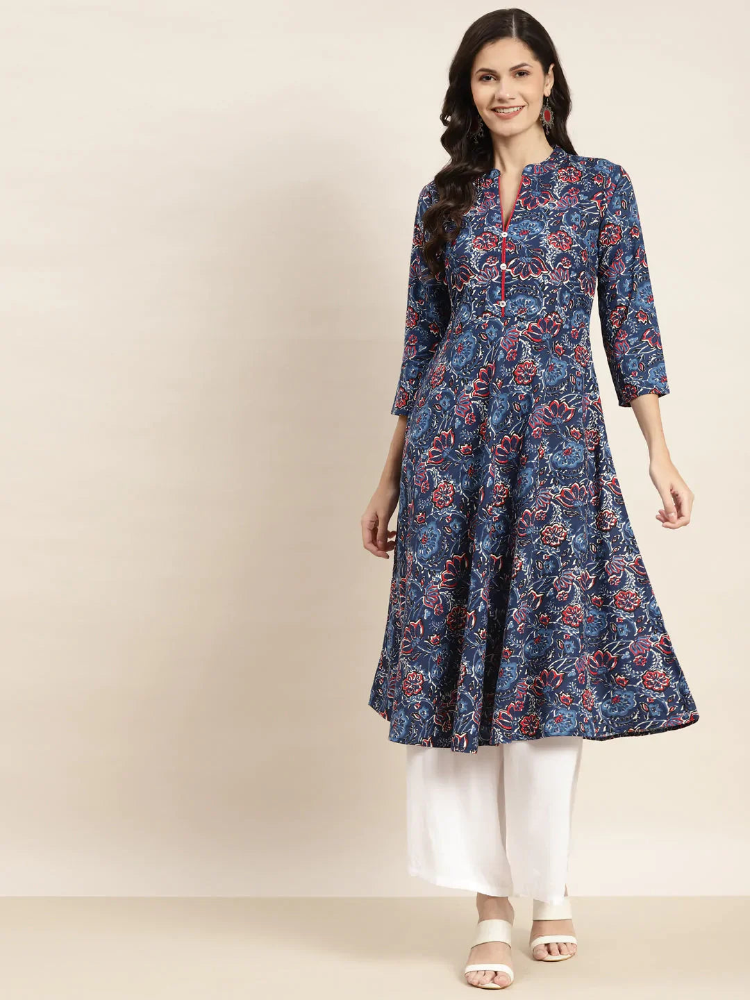 Jompers Women's Floral Printed Anarkali Cotton Kurta - Navy Blue - Distacart