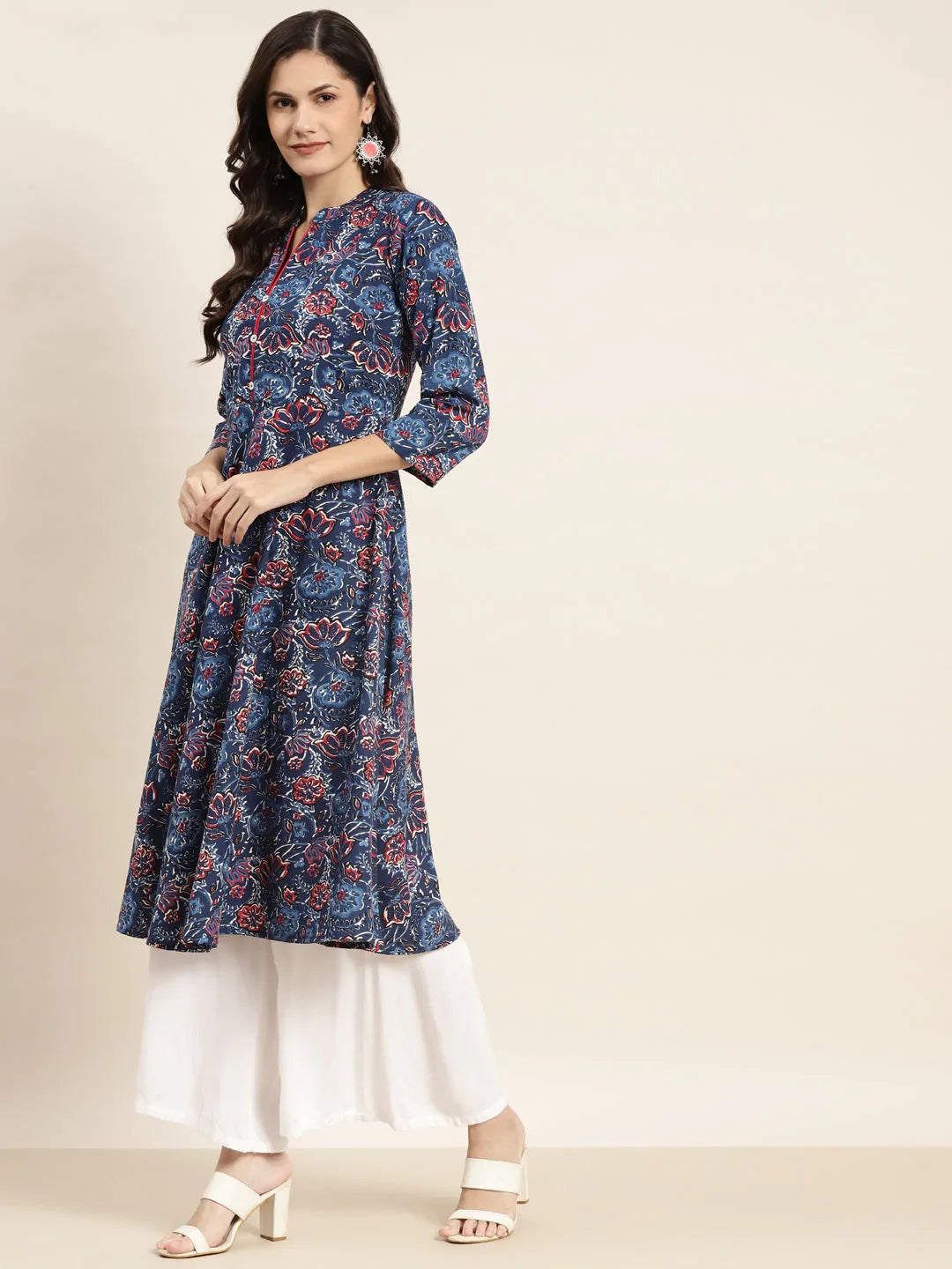 Jompers Women's Floral Printed Anarkali Cotton Kurta - Navy Blue - Distacart