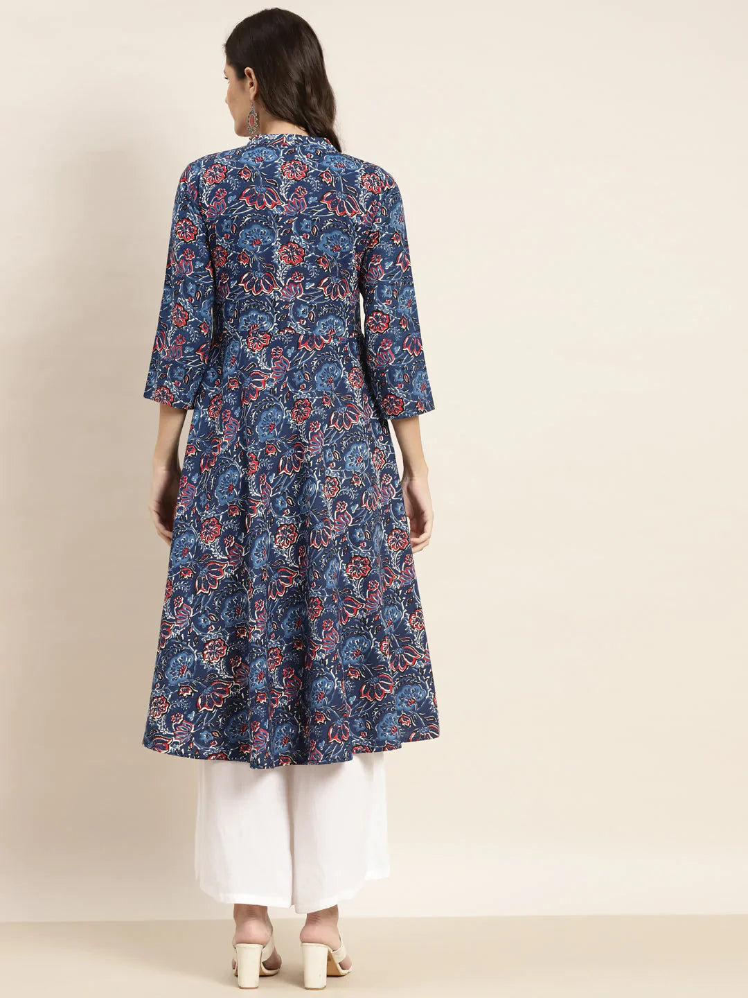Jompers Women's Floral Printed Anarkali Cotton Kurta - Navy Blue - Distacart