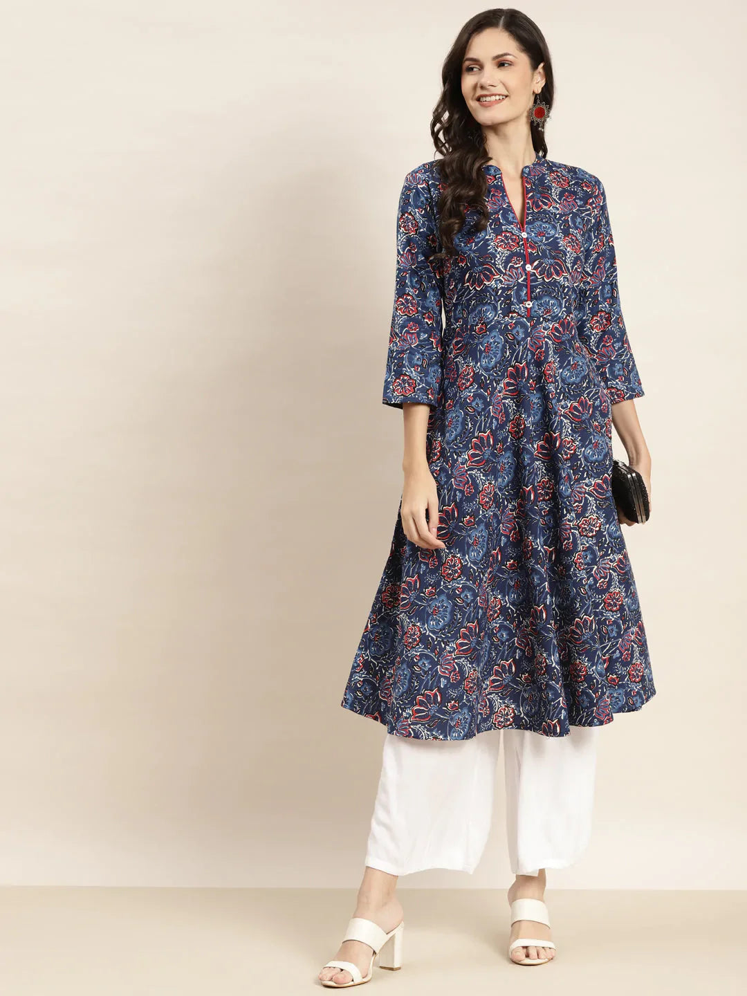 Jompers Women's Floral Printed Anarkali Cotton Kurta - Navy Blue - Distacart