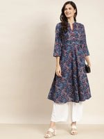 Thumbnail for Jompers Women's Floral Printed Anarkali Cotton Kurta - Navy Blue - Distacart