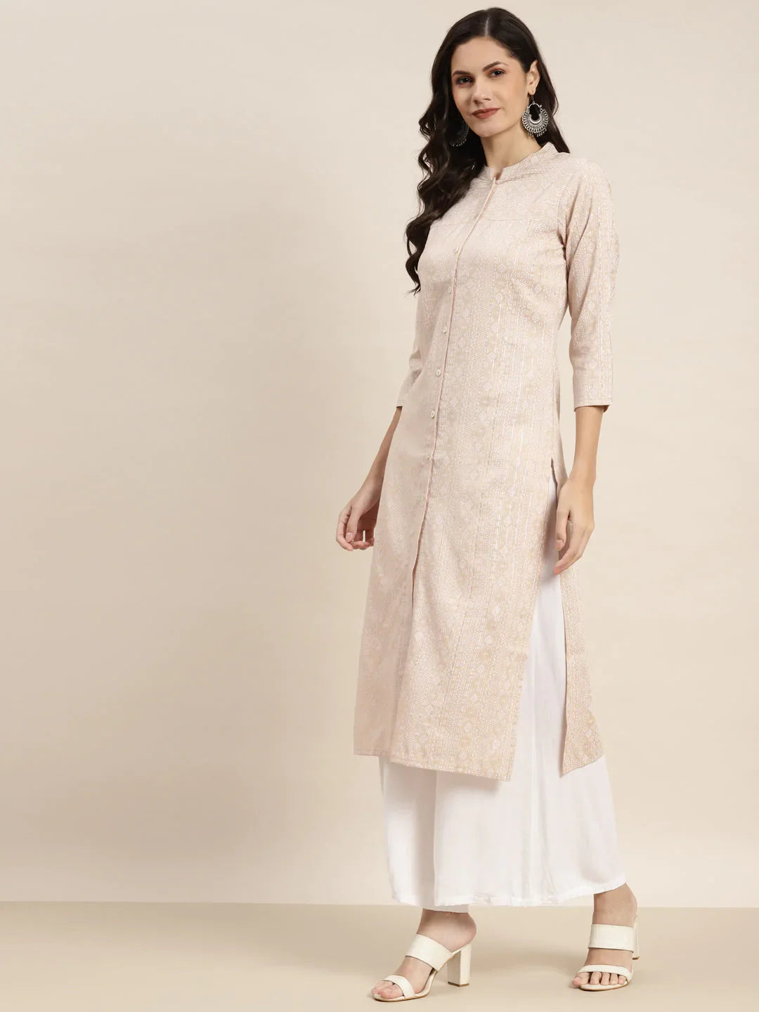Jompers Women's Ethnic Motifs Printed Lurex Kurta - Brown - Distacart