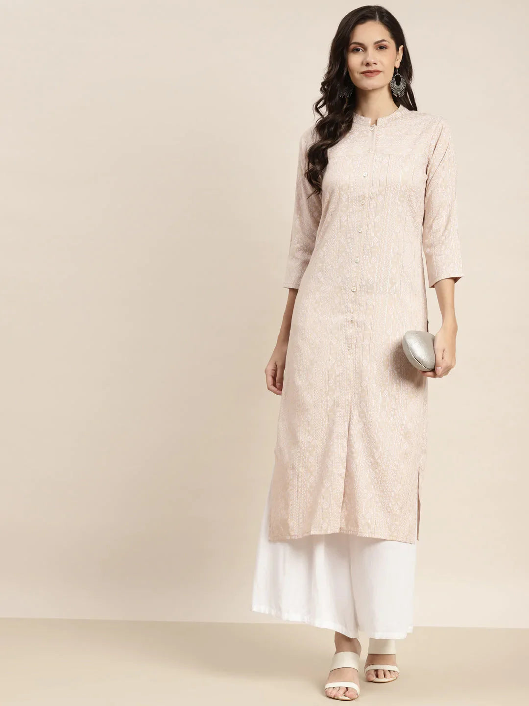 Jompers Women's Ethnic Motifs Printed Lurex Kurta - Brown - Distacart