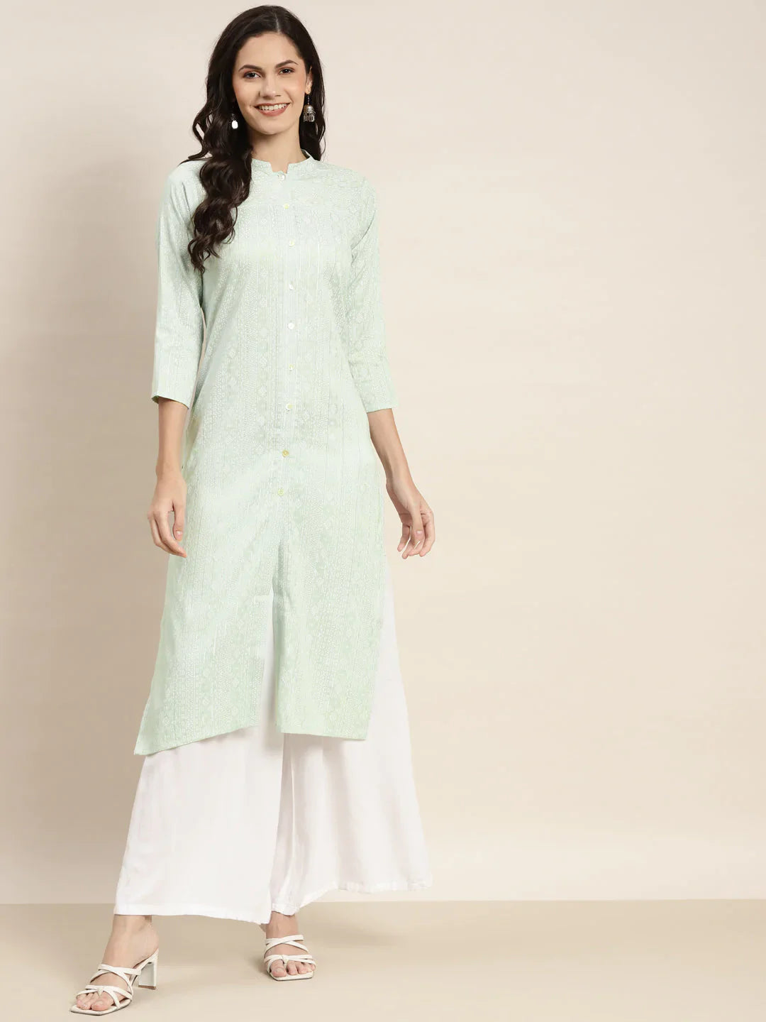 Jompers Women's Ethnic Motifs Printed Lurex Kurta - Green - Distacart