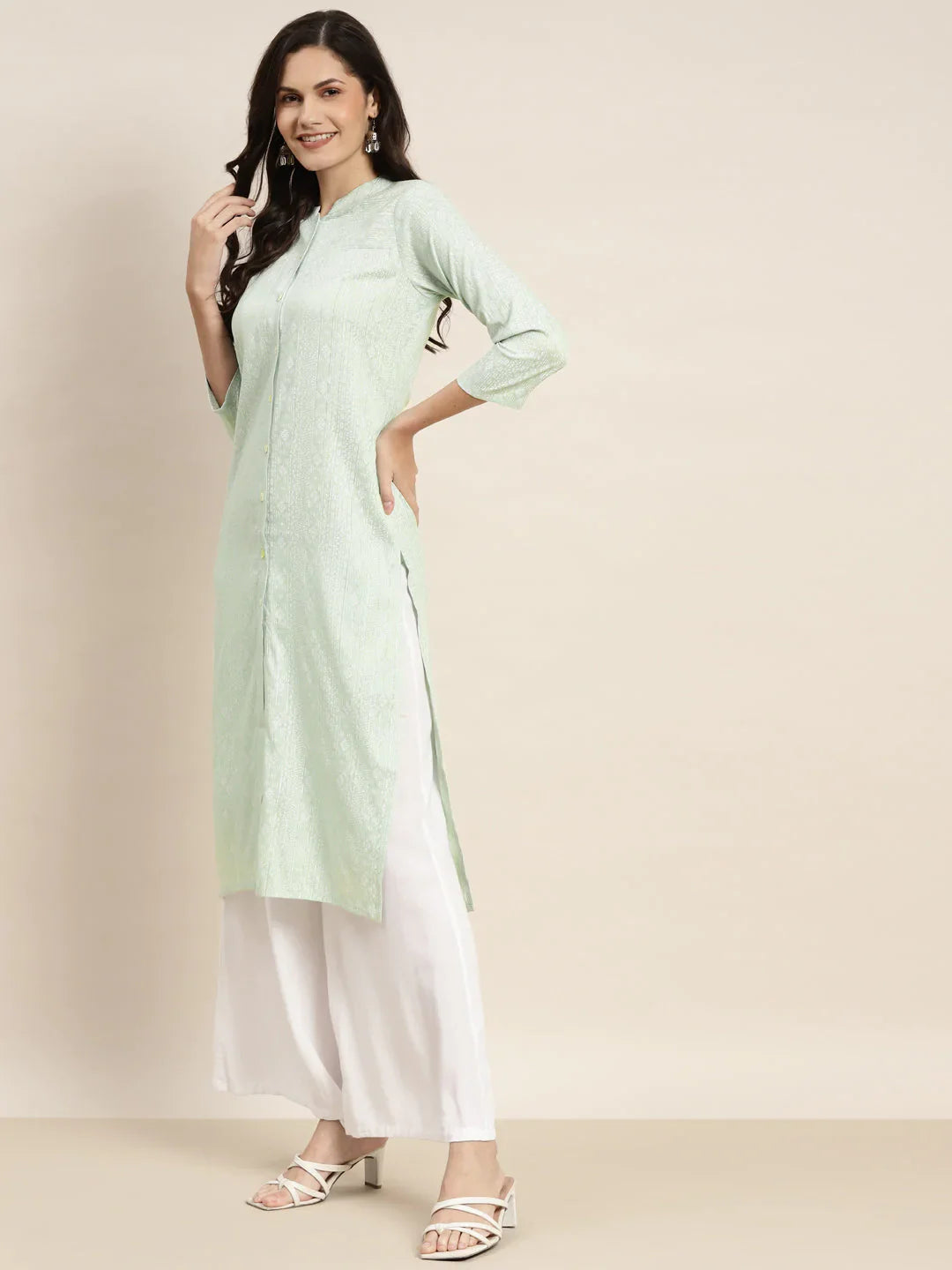 Jompers Women's Ethnic Motifs Printed Lurex Kurta - Green - Distacart